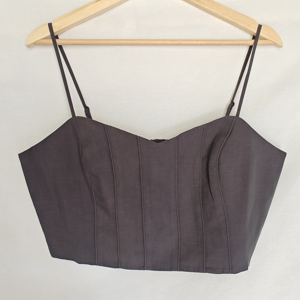 Club Monaco Pintuck Bandeau Smocked Back Corset Style Crop Top Black Gray XL New